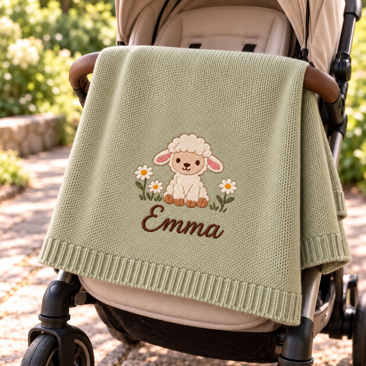Digital design preview: sage green lamb and daisy knit blanket draped over a stroller, with the example embroidered name Emma.