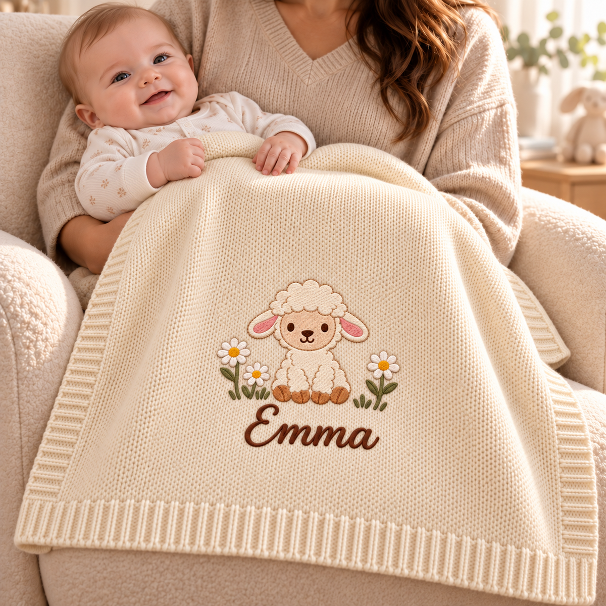 Digital design preview: Cream lamb and daisy blanket across an adult holding a baby, with the example name Emma.