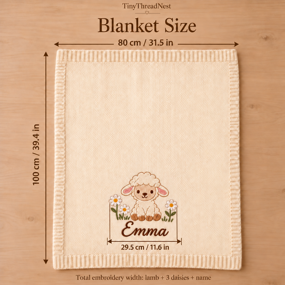 Digital design preview: Blanket size guide showing 80 by 100 cm and total lamb, daisies and name embroidery width of 29.5 cm.
