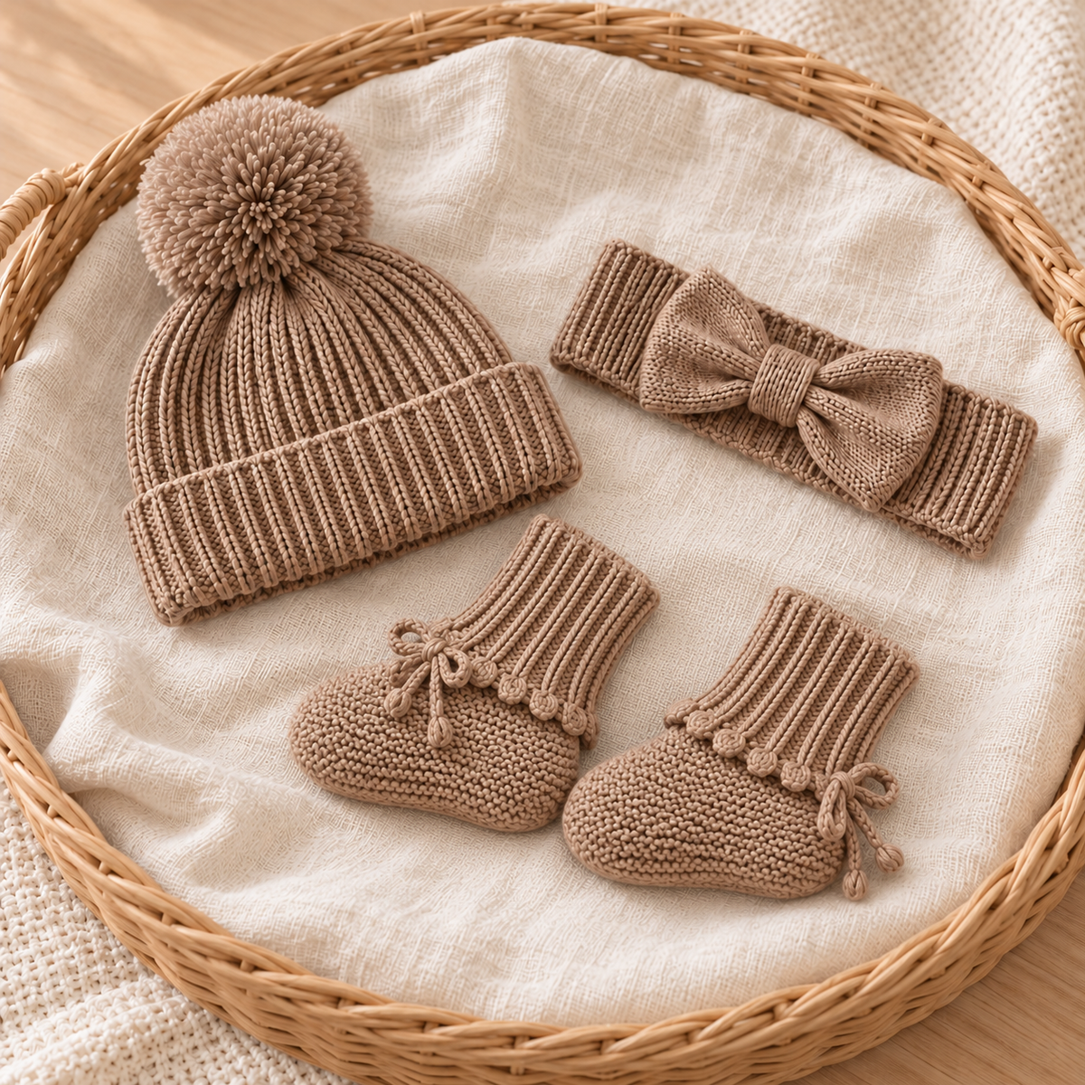 Design Preview: matching khaki pom-pom hat, bow headband and knit booties