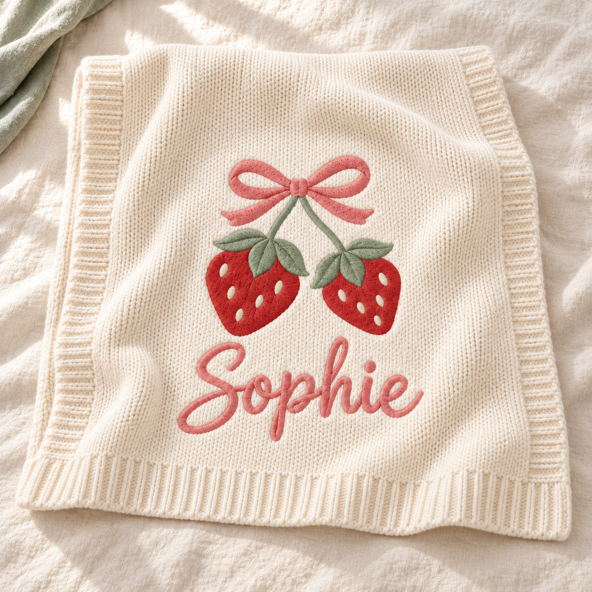 Digital design preview: cream knit blanket with two strawberries, green leaves, a pink bow and the example embroidered name Sophie.