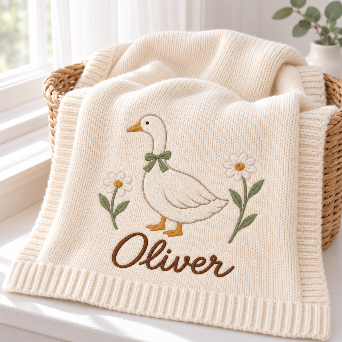 Goose & Daisies - digital styling preview with an example embroidered name
