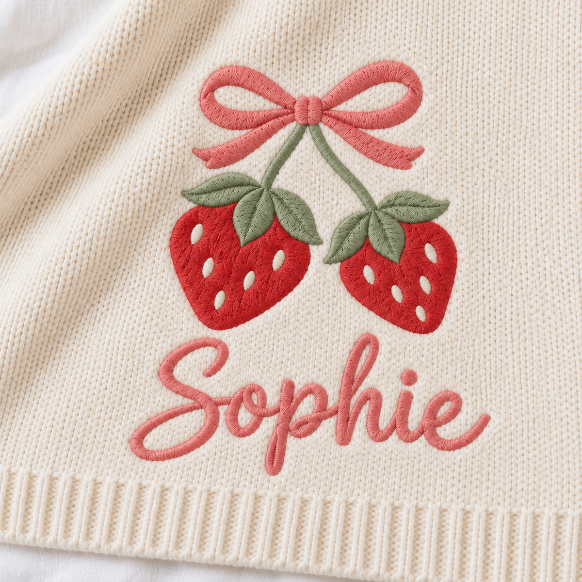 Digital design preview: two strawberries with green leaves and a pink bow with an example personalized name on a knit blanket