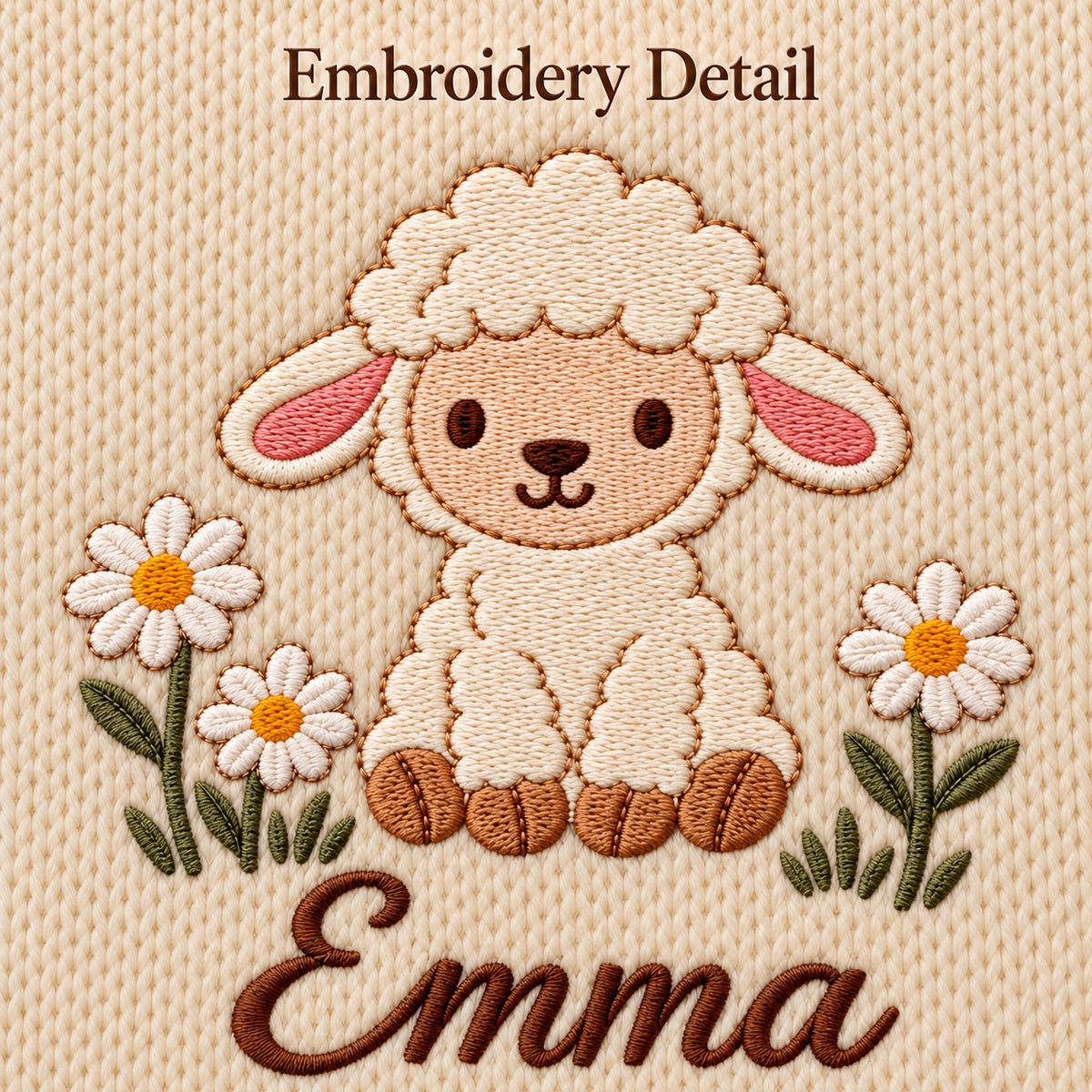 Digital design preview: a seated lamb, three daisies and olive foliage with an example personalized name on a knit blanket