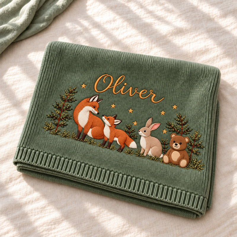 Woodland Friends — digital styling preview with an example embroidered name