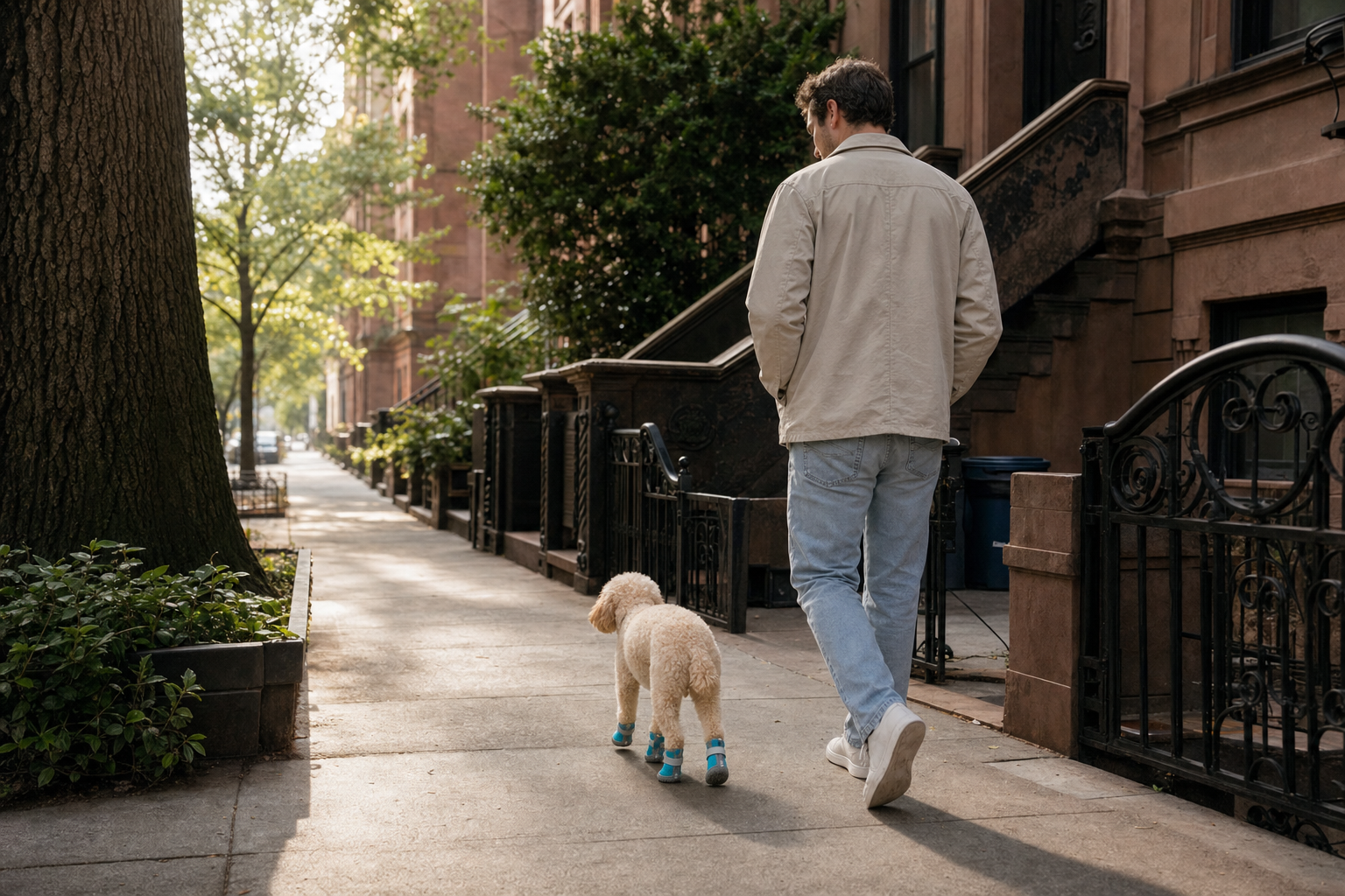 A dog parent walking a small dog in CozyVale boots along a neighborhood street