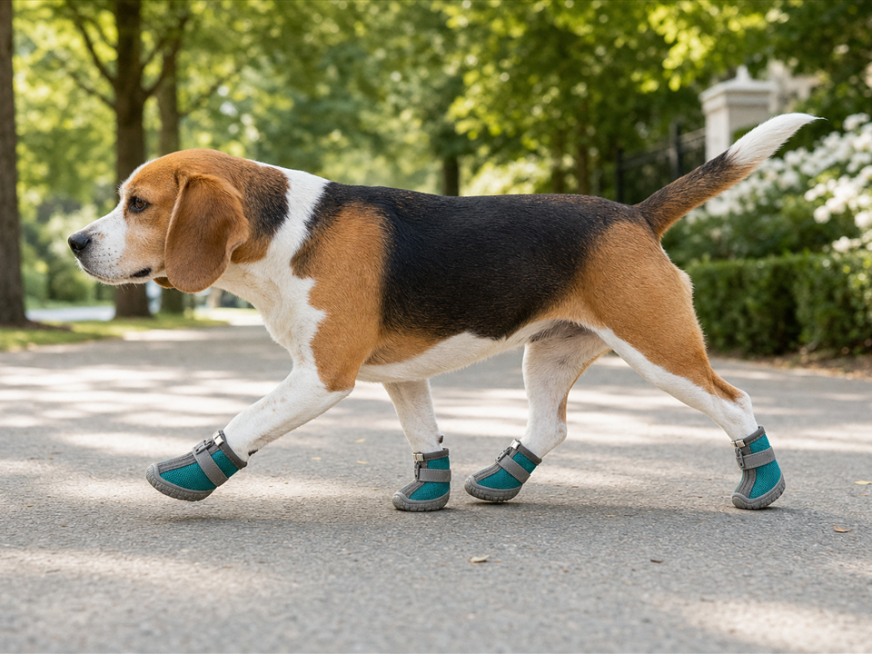 Beagle wearing blue-green AirNest dog boots on a warm, dry sidewalk