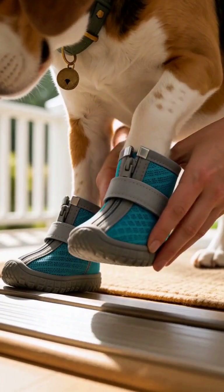 A teal CozyVale dog boot being fitted before a walk