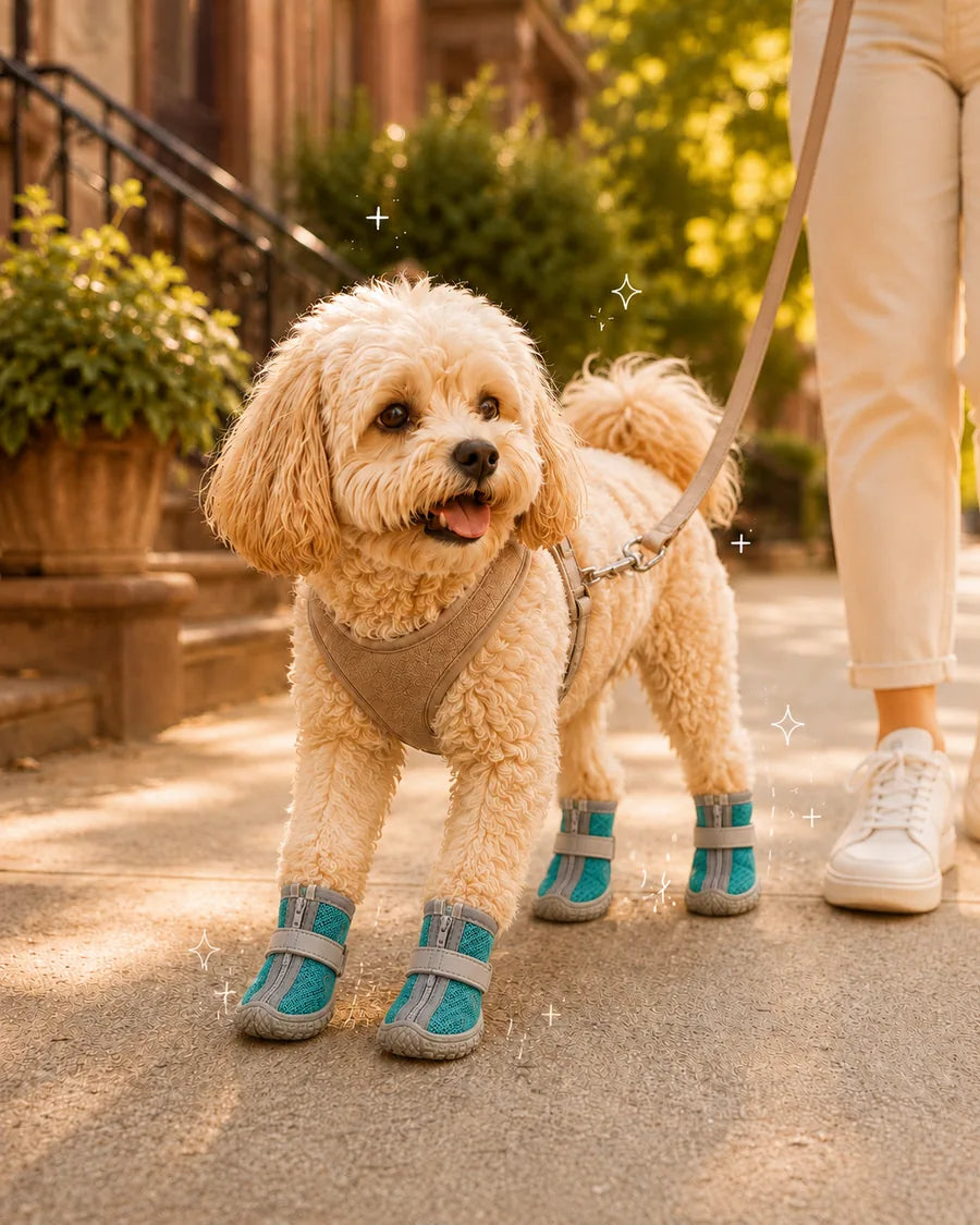Dog wearing CozyVale dog boots on a sunny neighborhood walk