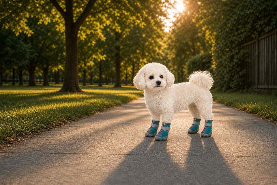 Small dog calmly wearing teal AirNest breathable dog boots during a supervised neighborhood walk