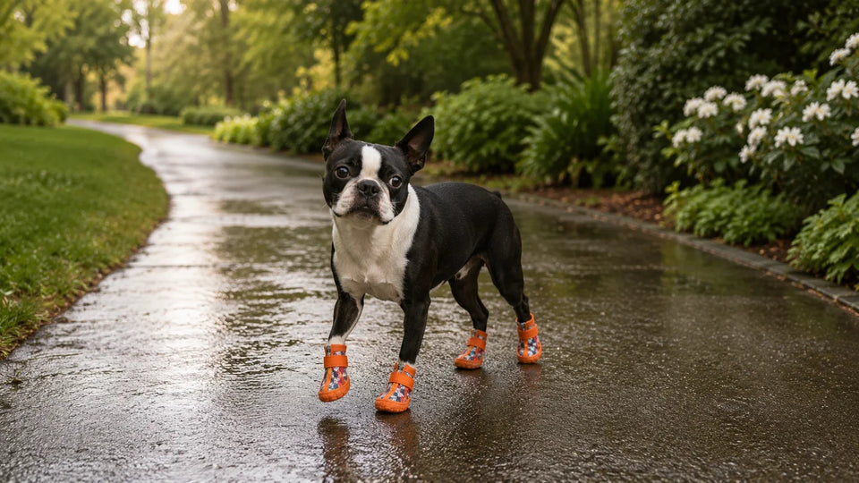 Dog wearing CozyVale boots during a damp light-rain walk.
