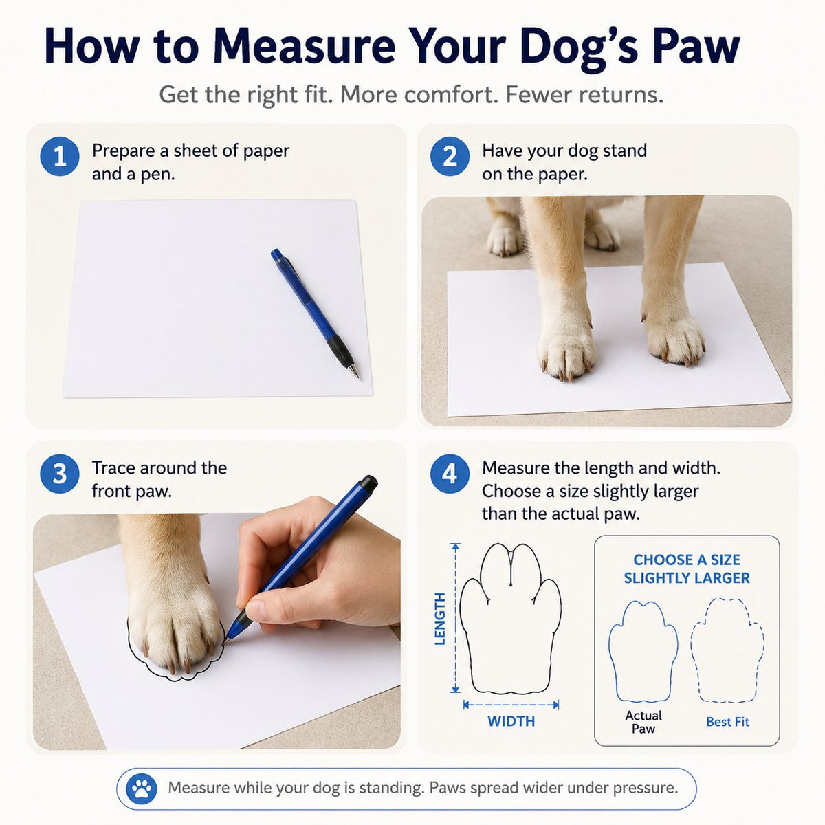 Paper-and-ruler paw measuring guide for choosing a dog boot size.