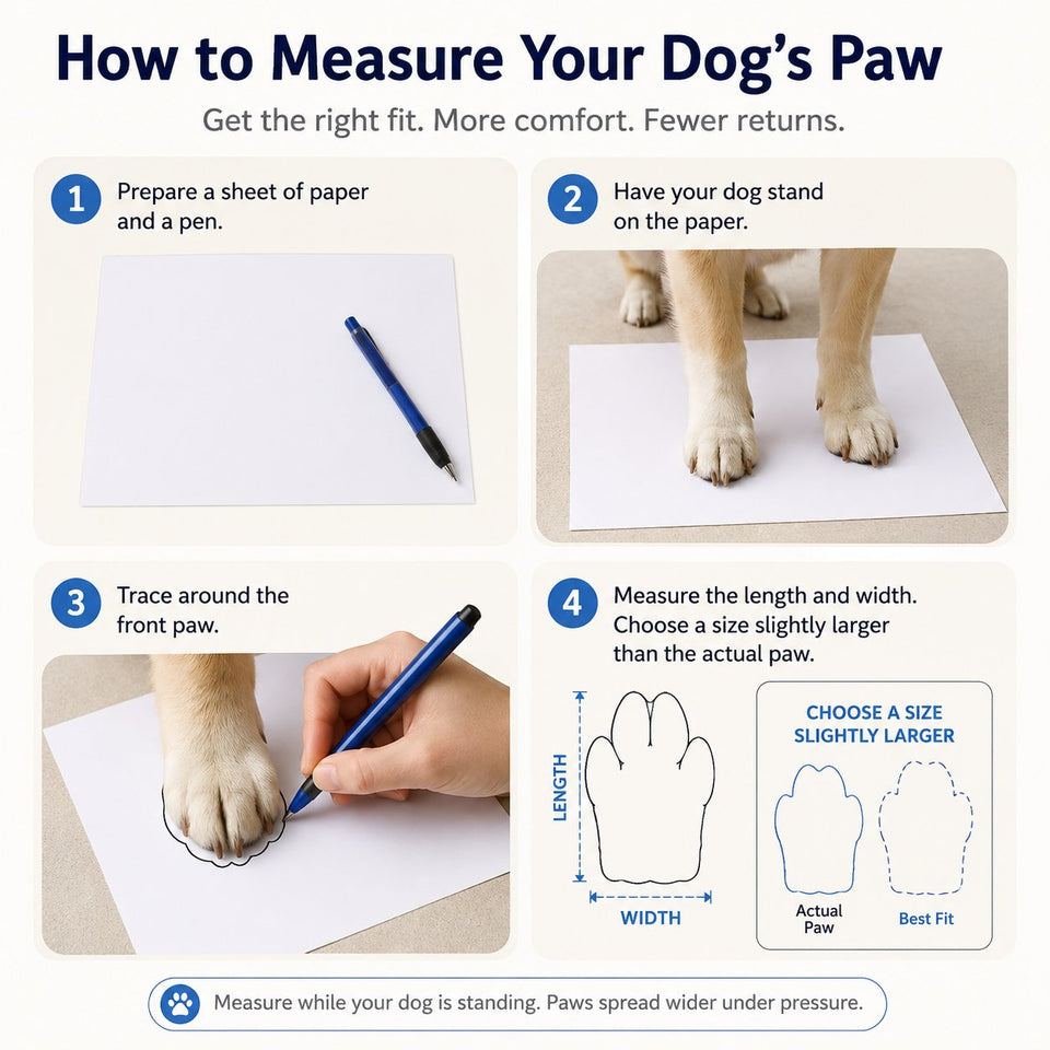 Paper-and-ruler paw measuring guide for choosing a dog boot size.