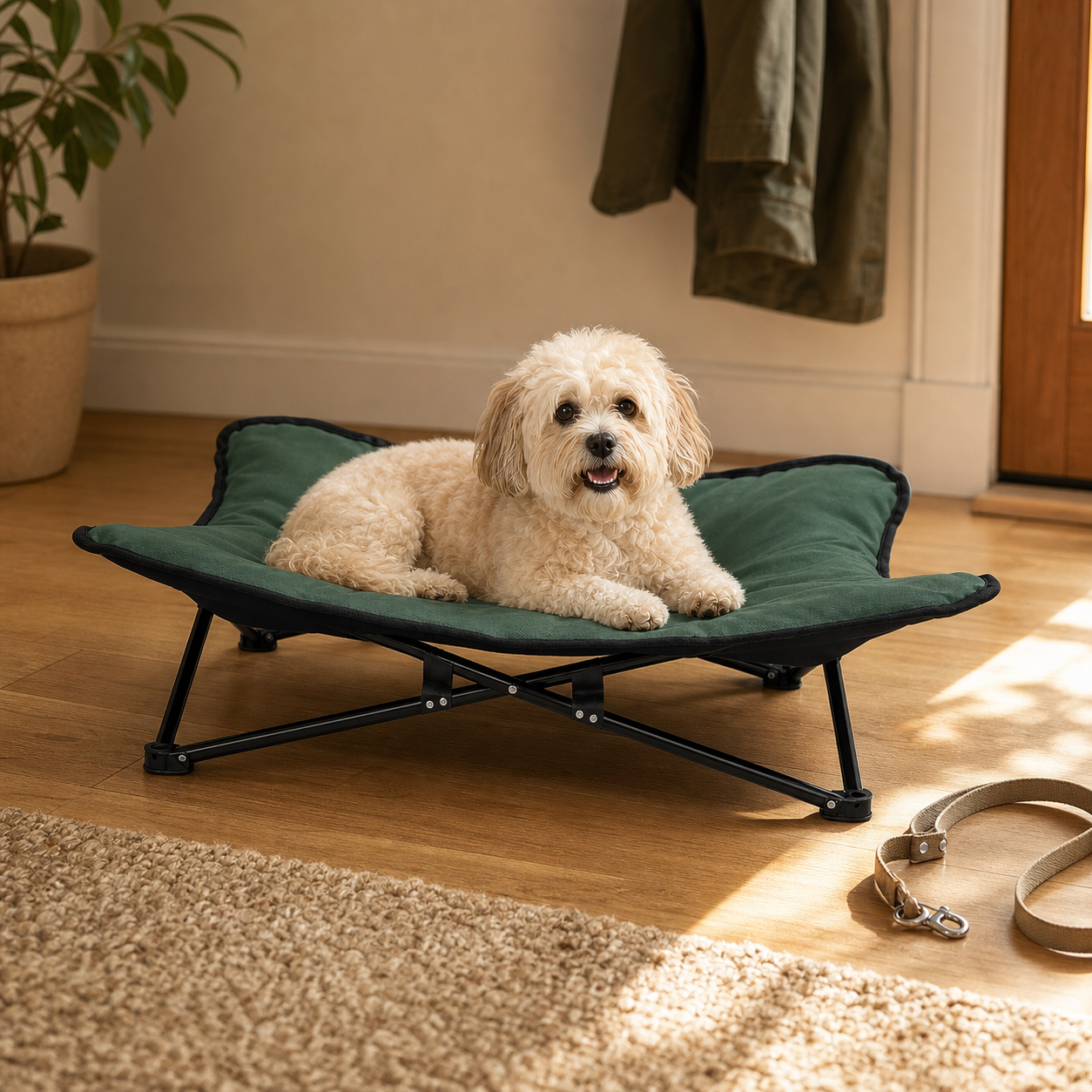 Small cream dog resting on the TrailRest Elevated Pet Cot at home