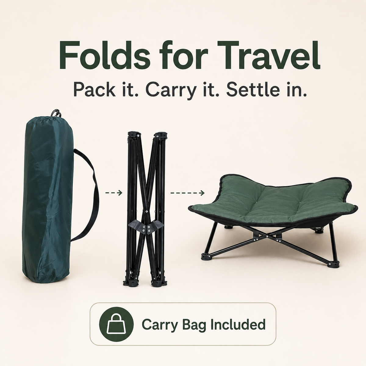 TrailRest Pet Cot folded for travel with carry bag and folding frame