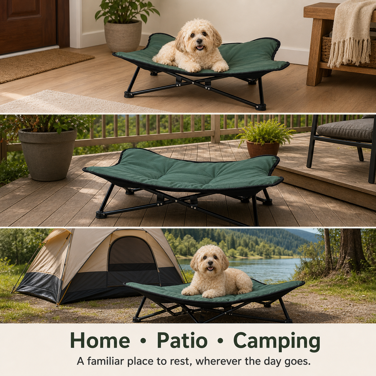 TrailRest Pet Cot used at home, on a patio, and at a campsite