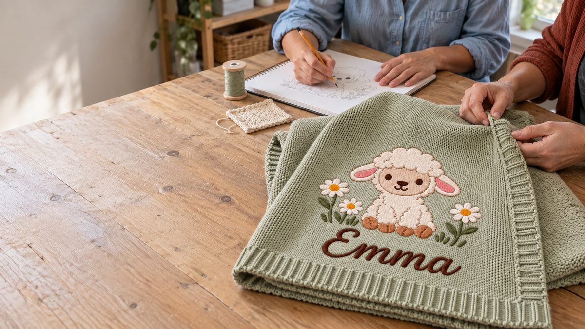 Design Preview: a sage lamb and daisy blanket with the example name Emma on a wooden table