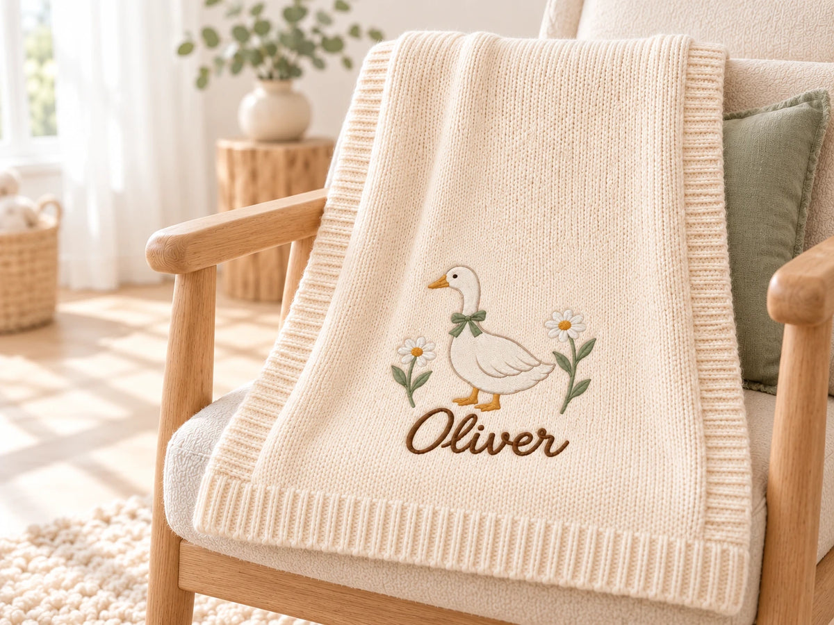 Goose and daisies personalized baby blanket in a warm nursery