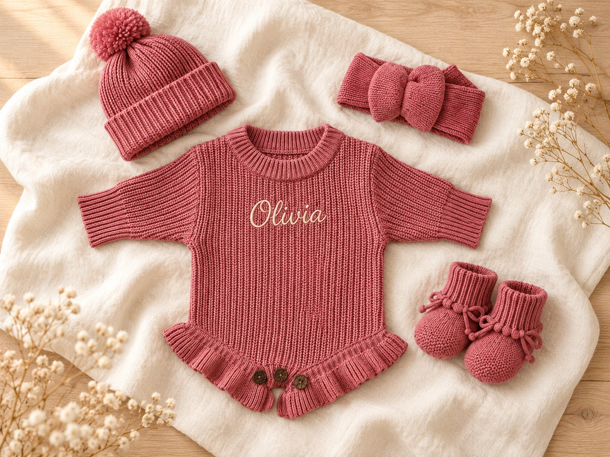 Rose personalized knit romper with matching hat, headband and booties