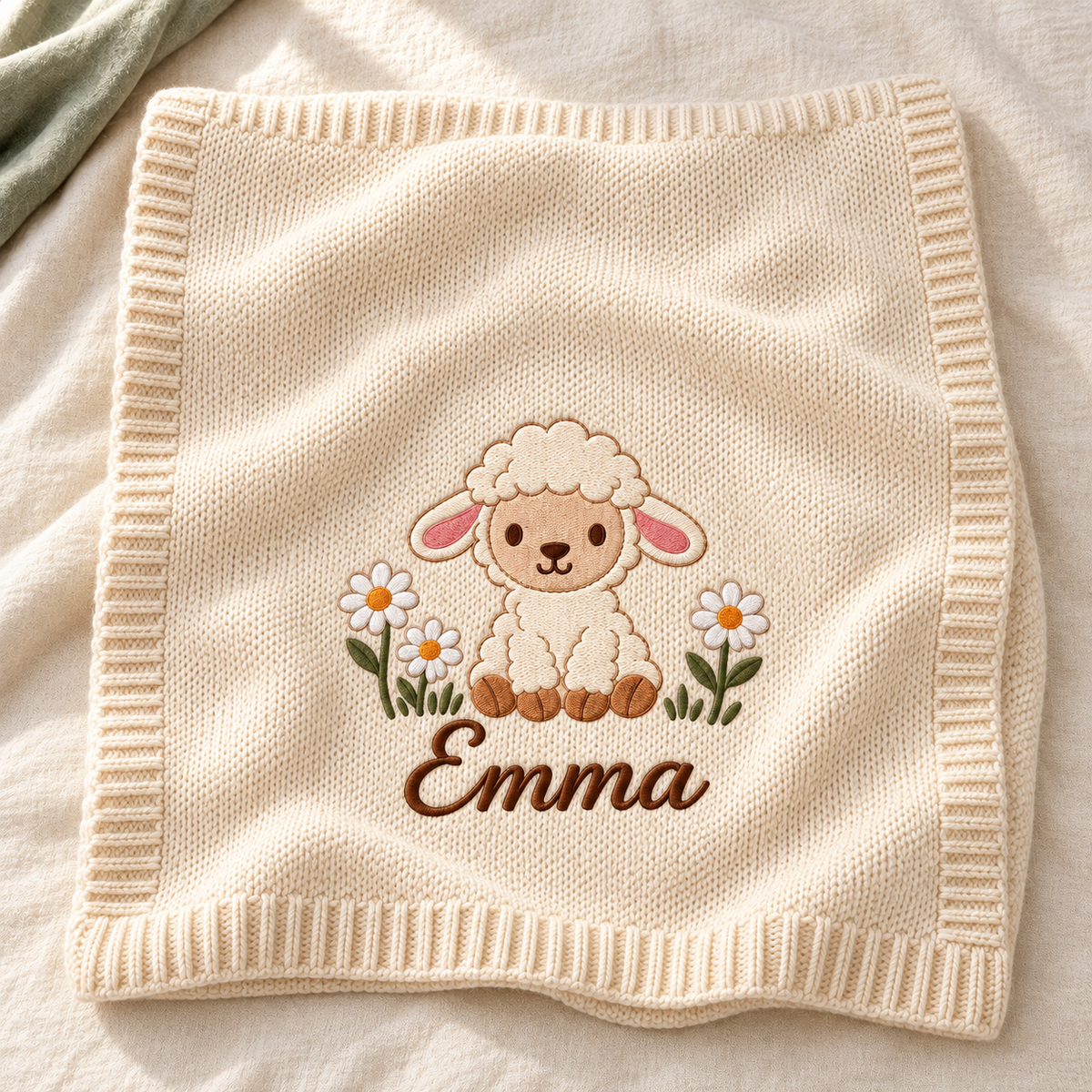 Digital design preview: cream knit blanket with a seated lamb, three daisies and the example embroidered name Emma.