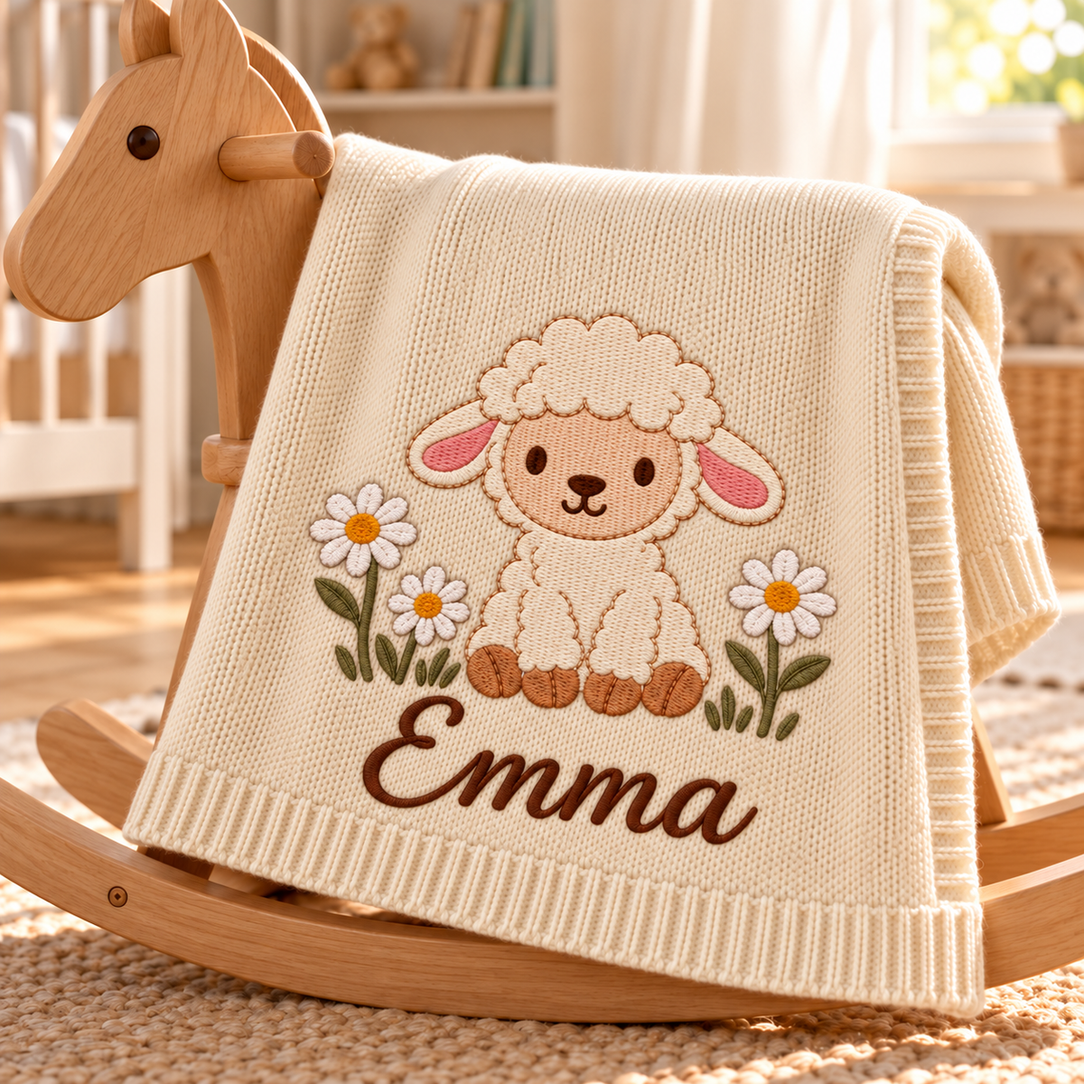 Lamb & Daisies — digital styling preview with an example embroidered name