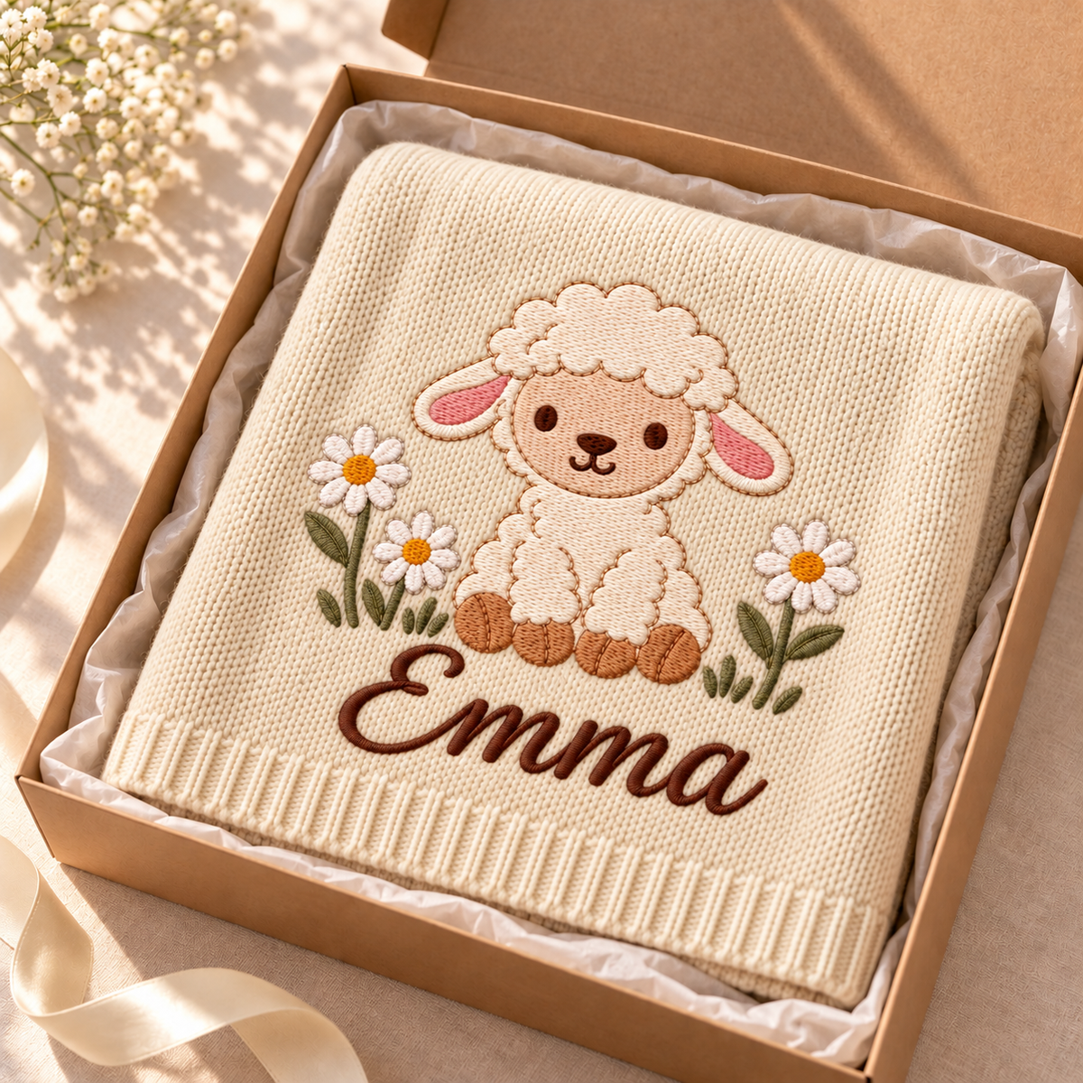 Digital design preview: Cream lamb and daisy blanket folded in a gift box, with the example name Emma.