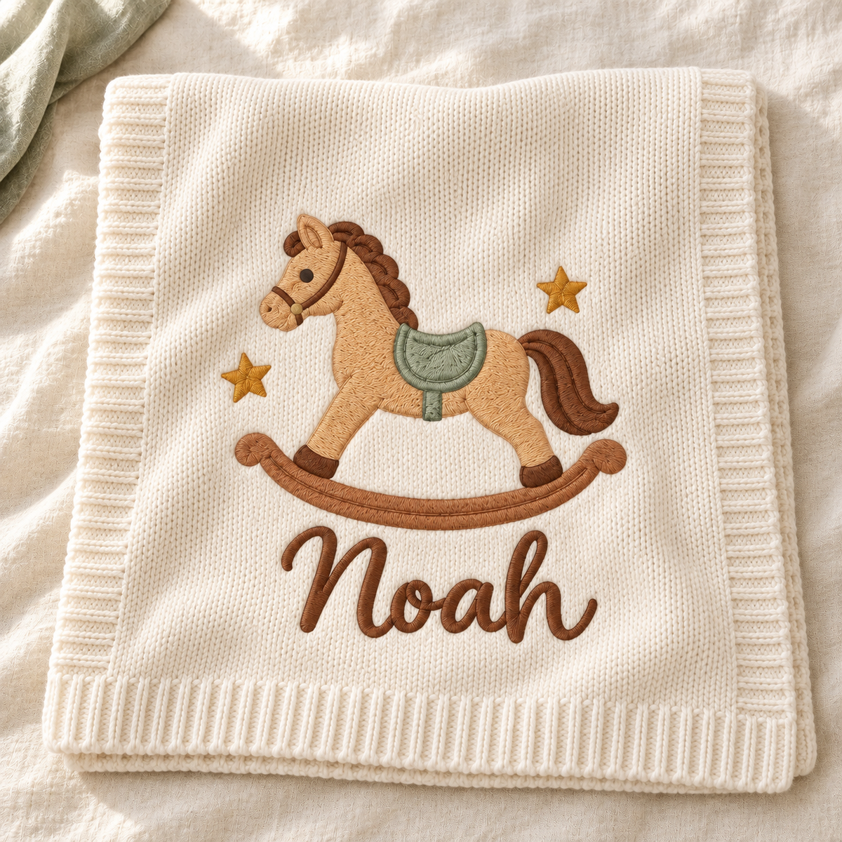 Digital design preview: cream knit blanket with a vintage rocking horse, sage saddle, two stars and the example embroidered name Noah.
