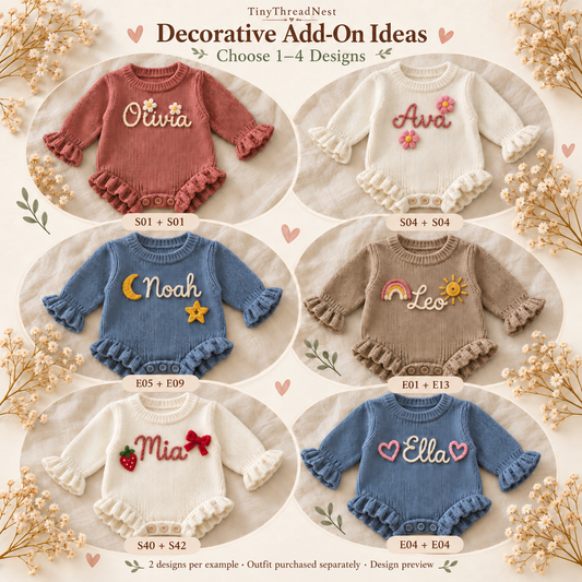Decoration add-on design guide 1: E01–E32 embroidery and S01–S48 sewn-on motifs for a separately purchased romper