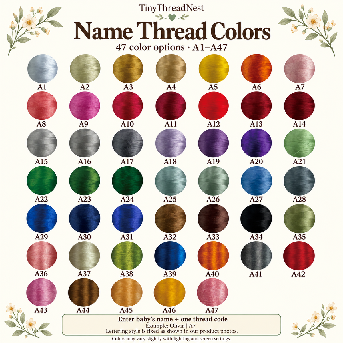 Original A1 to A47 name embroidery thread color chart