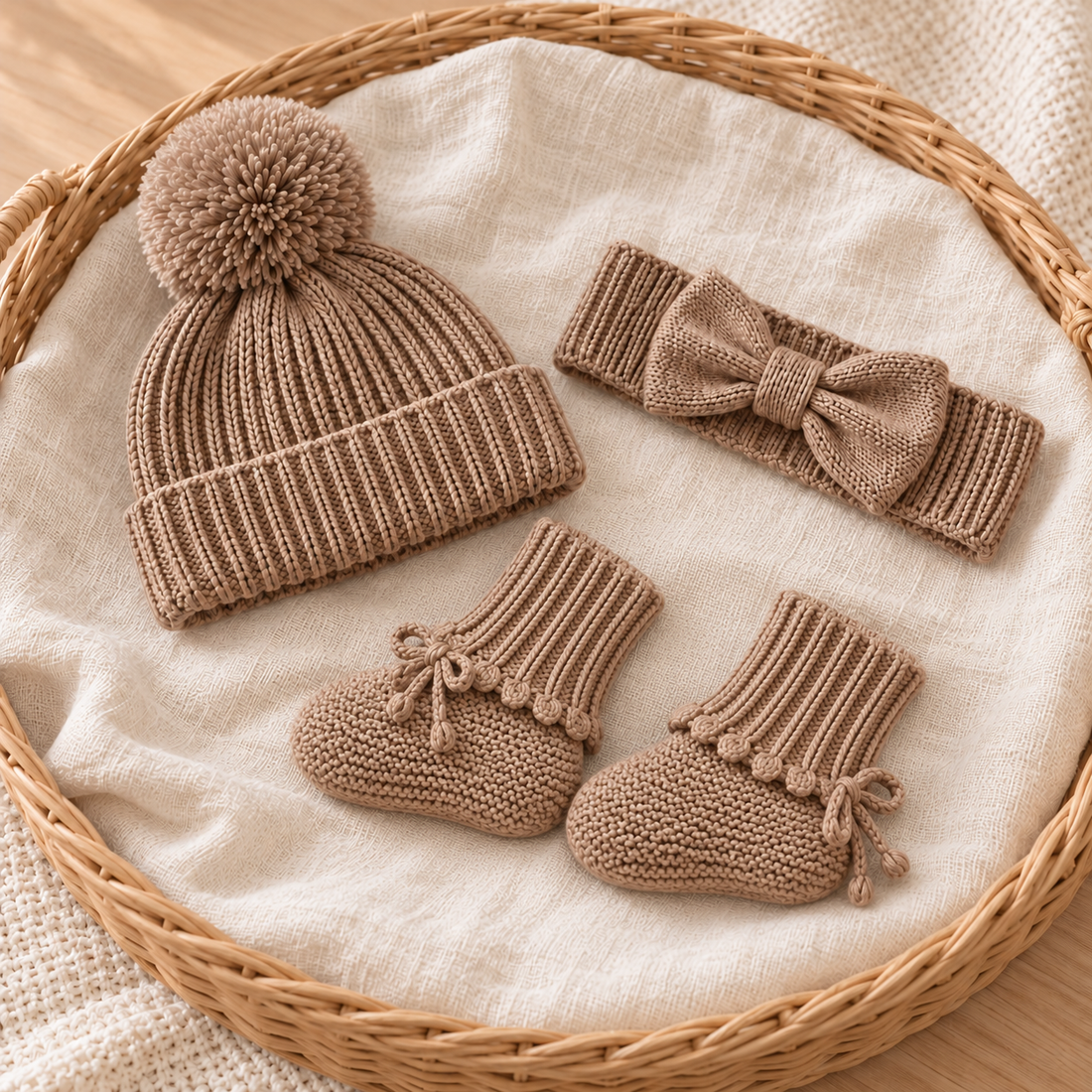 Khaki knit hat, bow headband and booties in a wicker basket