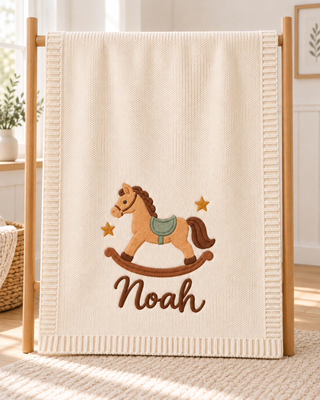 Rocking Horse — digital styling preview with an example embroidered name