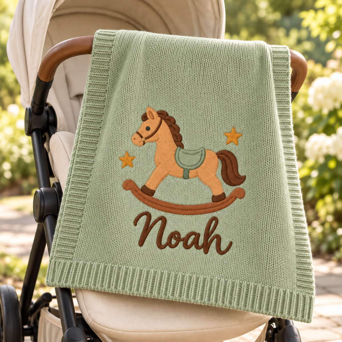 Rocking Horse — digital styling preview with an example embroidered name