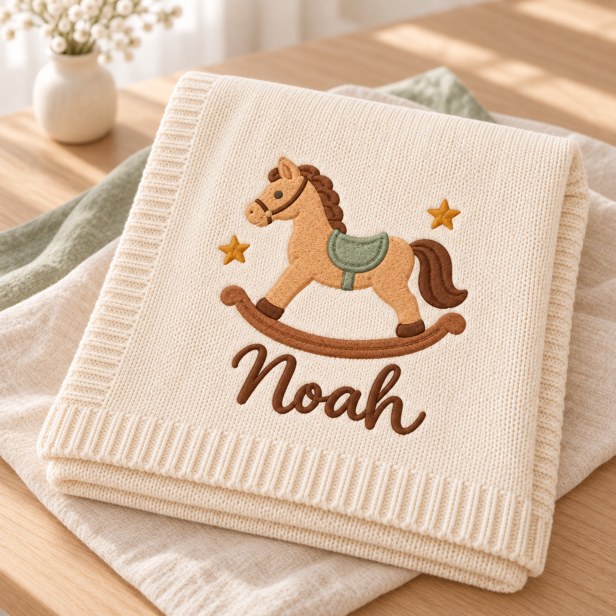 Rocking Horse — digital styling preview with an example embroidered name