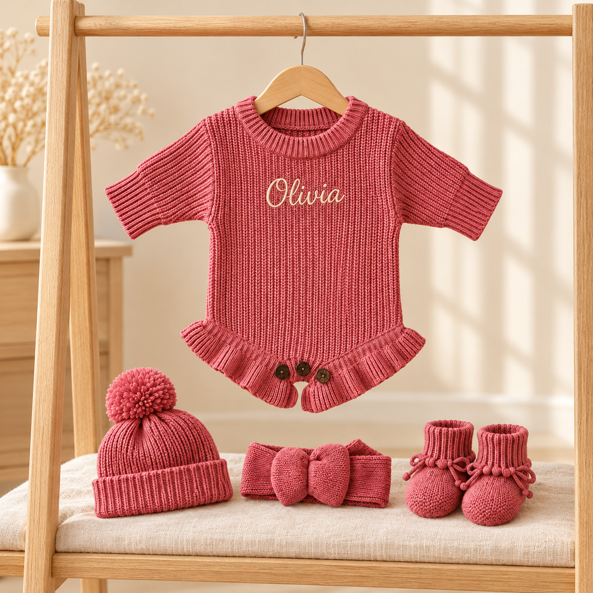 Design Preview: Rose Pink knit romper on a wooden hanger with matching hat, headband and booties