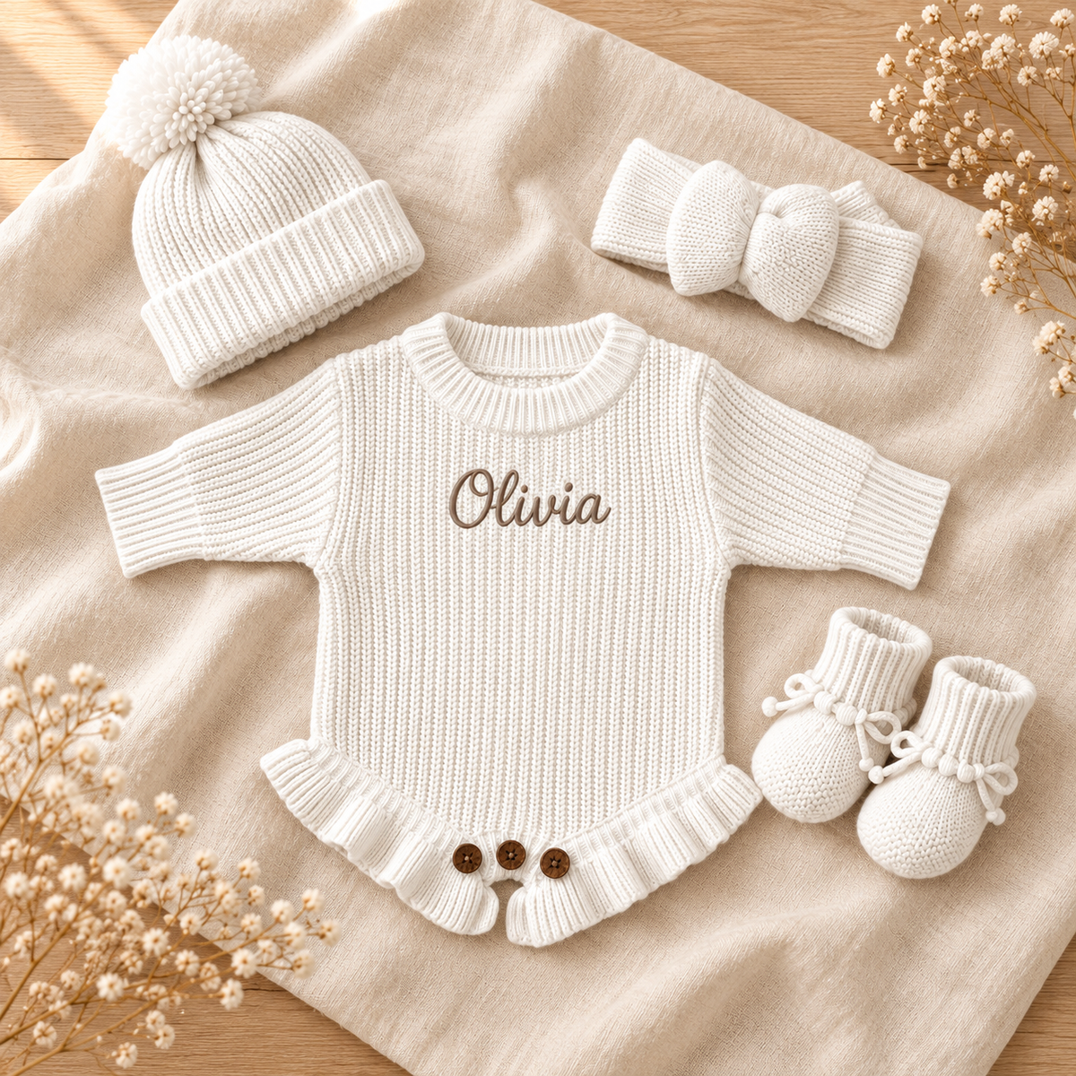 Design Preview: white personalized knit romper with matching pieces