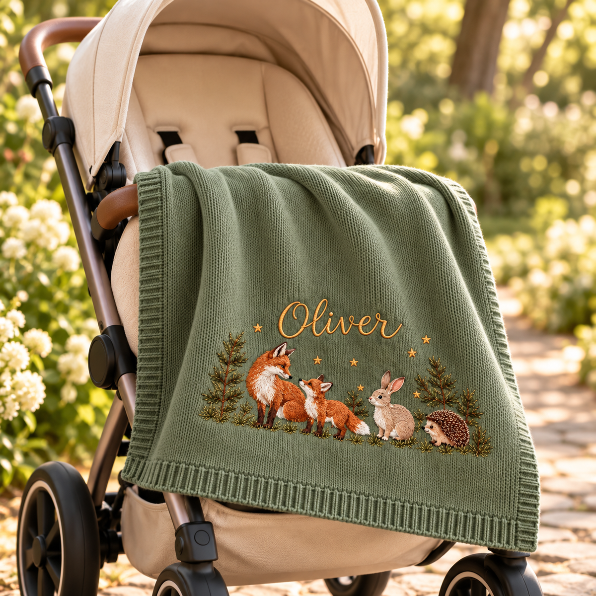 Woodland Friends — digital styling preview with an example embroidered name
