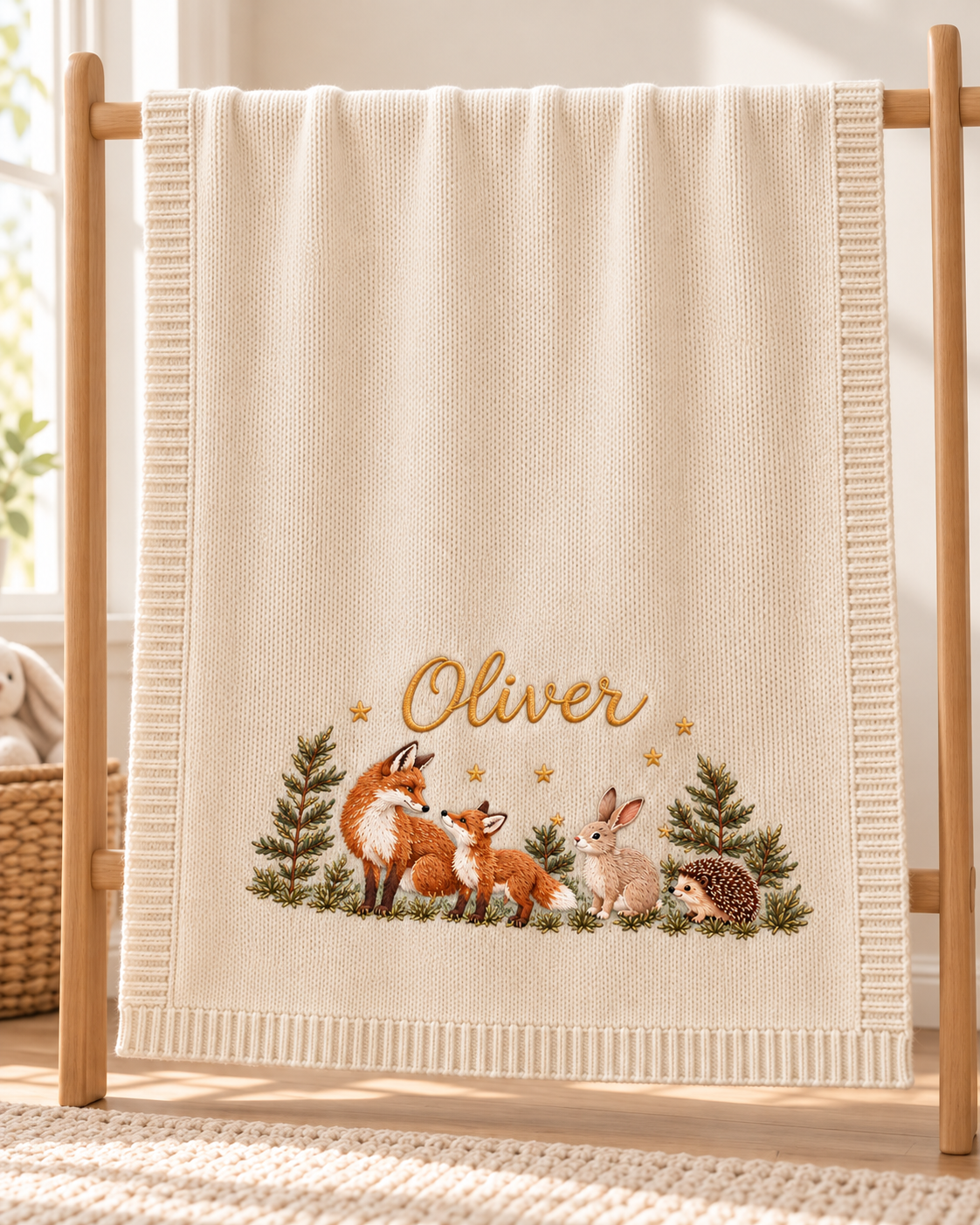 Woodland Friends — digital styling preview with an example embroidered name