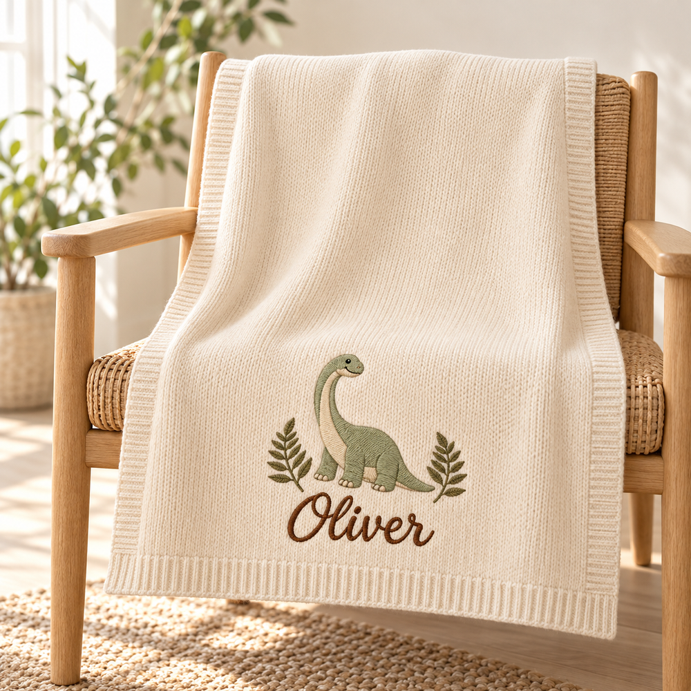 Little Dinosaur — digital styling preview with an example embroidered name