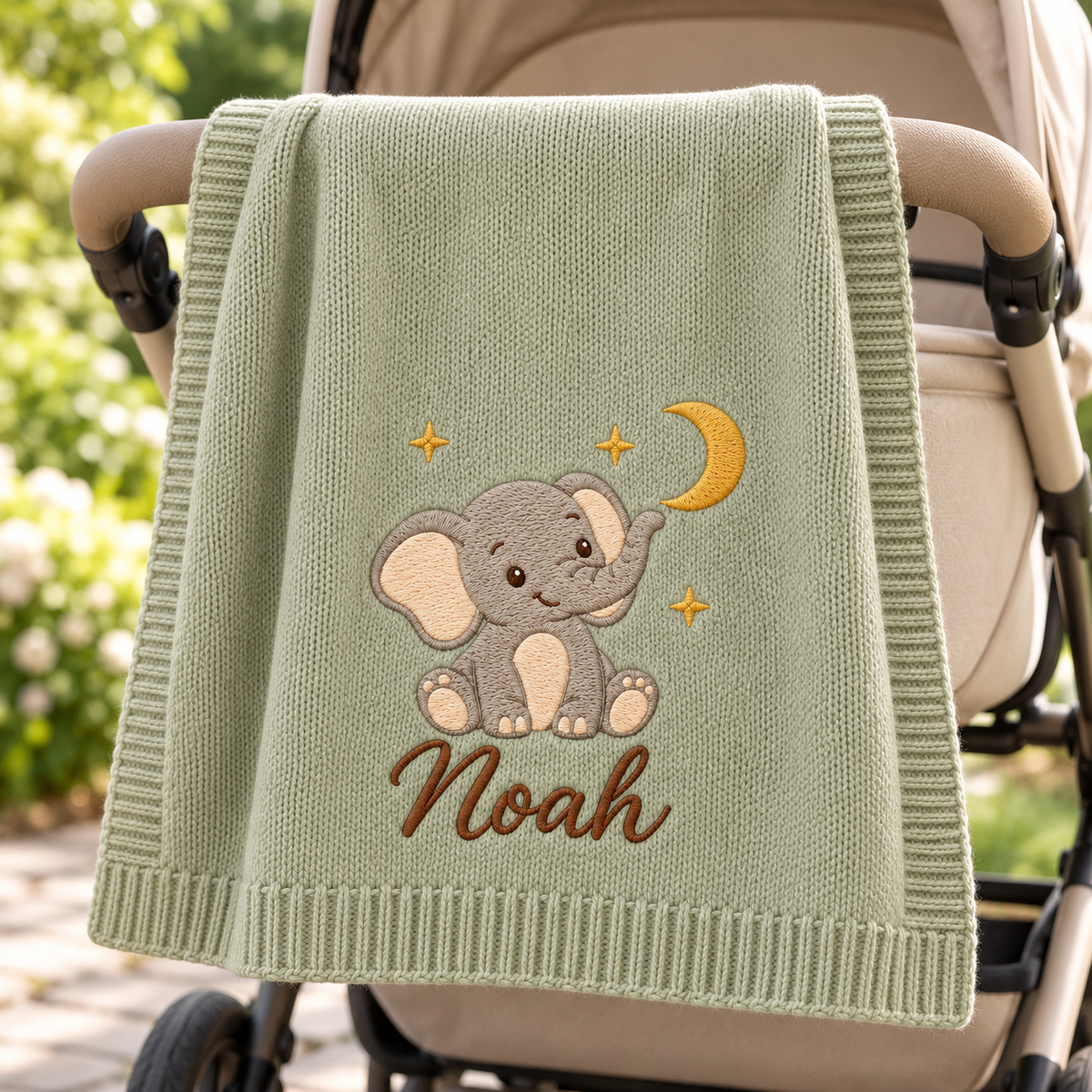 Elephant & Moon — digital styling preview with an example embroidered name