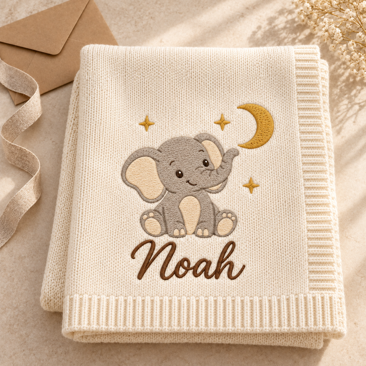 Elephant & Moon — digital styling preview with an example embroidered name