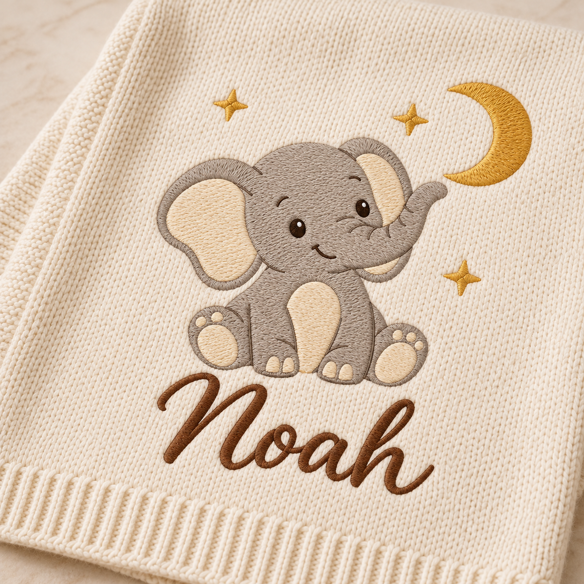 Elephant & Moon — digital styling preview with an example embroidered name