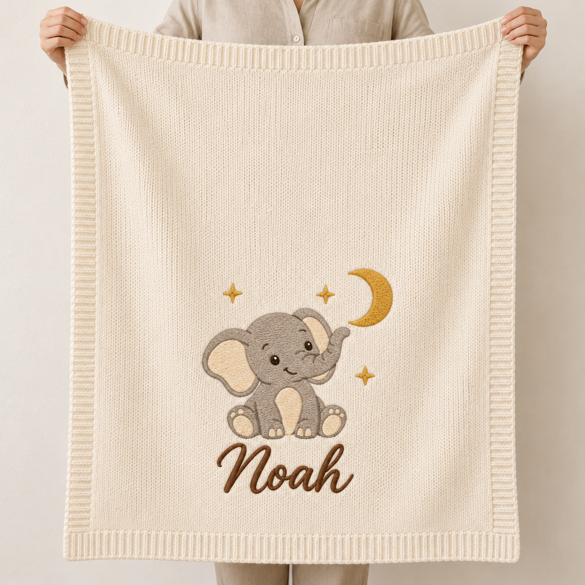 Elephant & Moon — digital styling preview with an example embroidered name