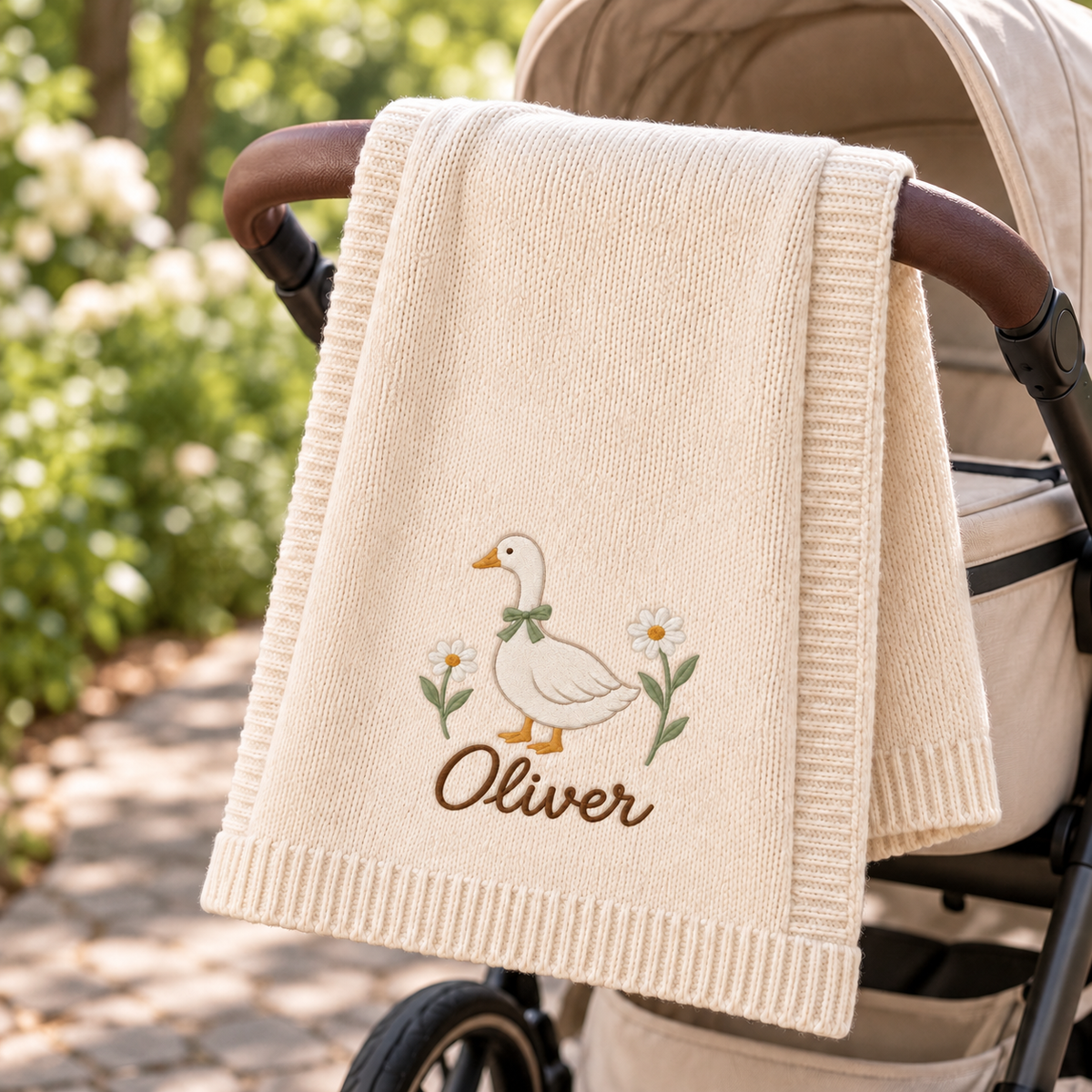 Goose & Daisies — digital styling preview with an example embroidered name