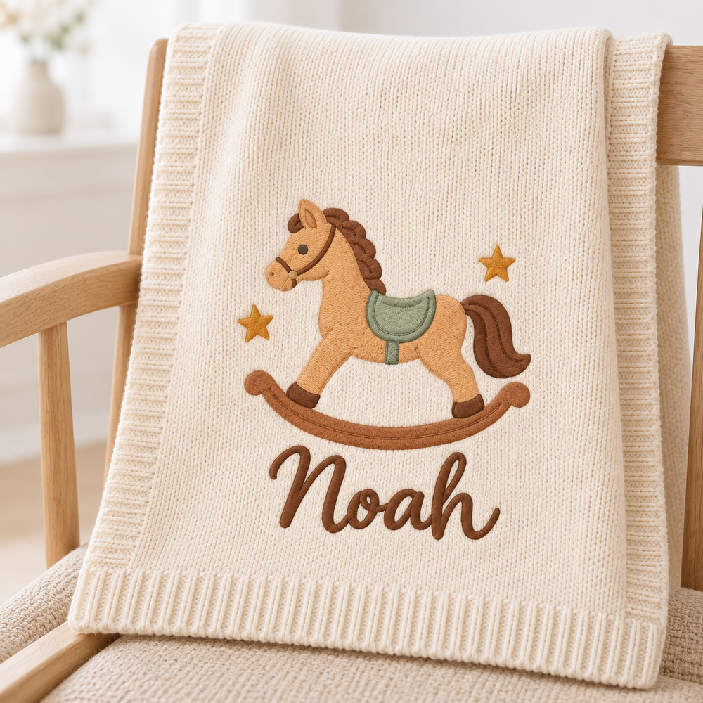 Rocking Horse — digital styling preview with an example embroidered name