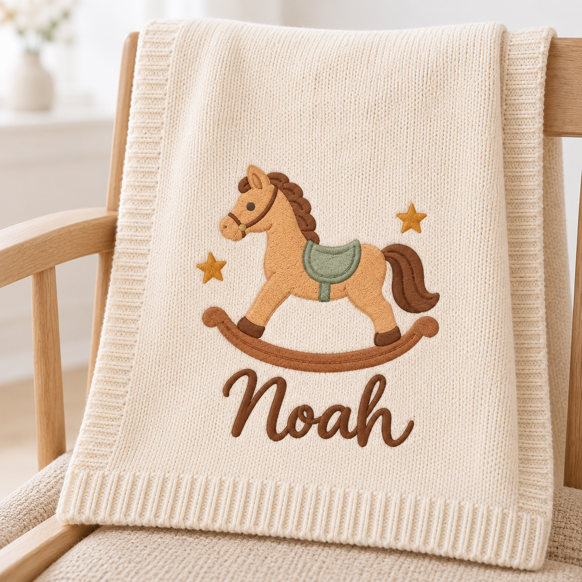 Rocking Horse — digital styling preview with an example embroidered name