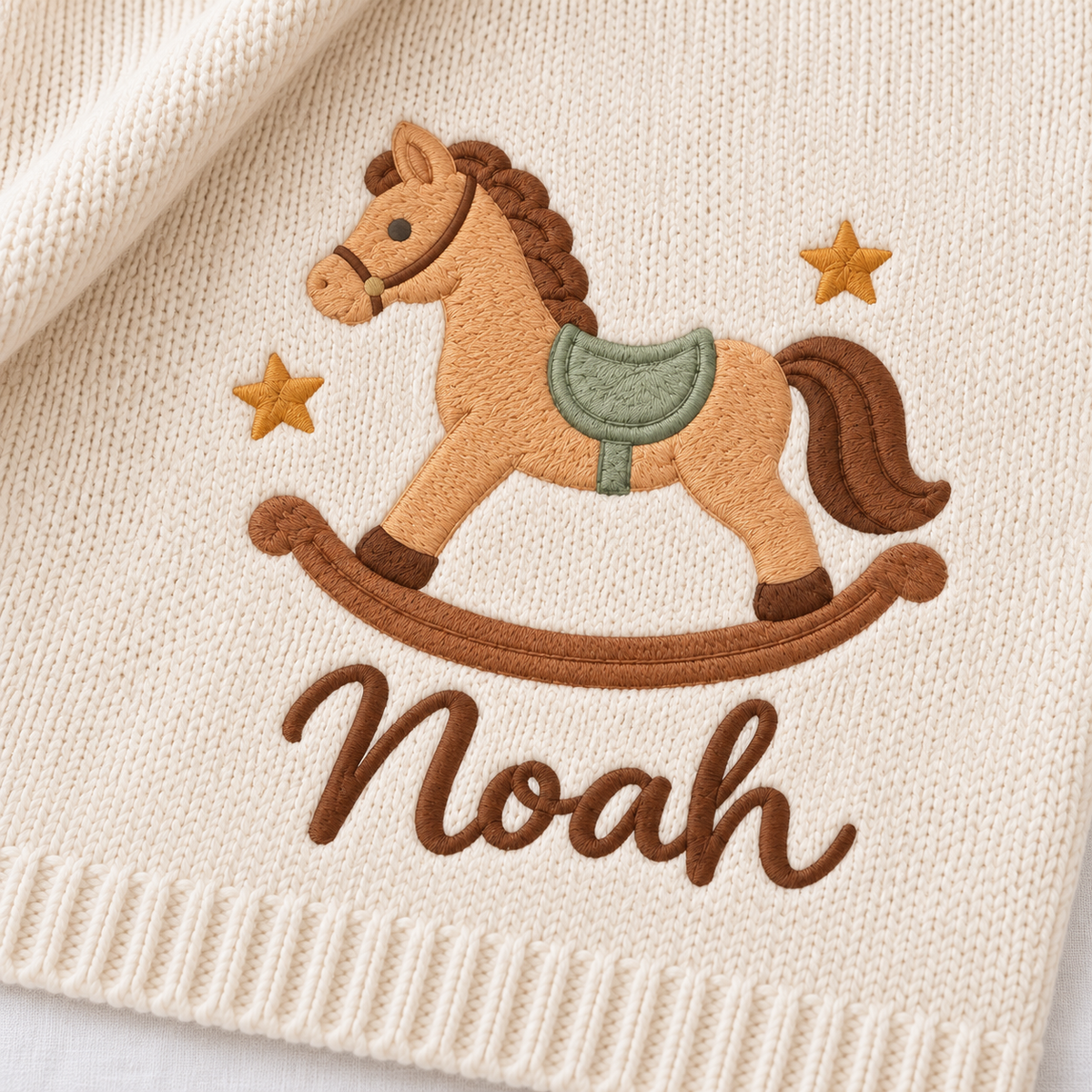 Rocking Horse — digital styling preview with an example embroidered name