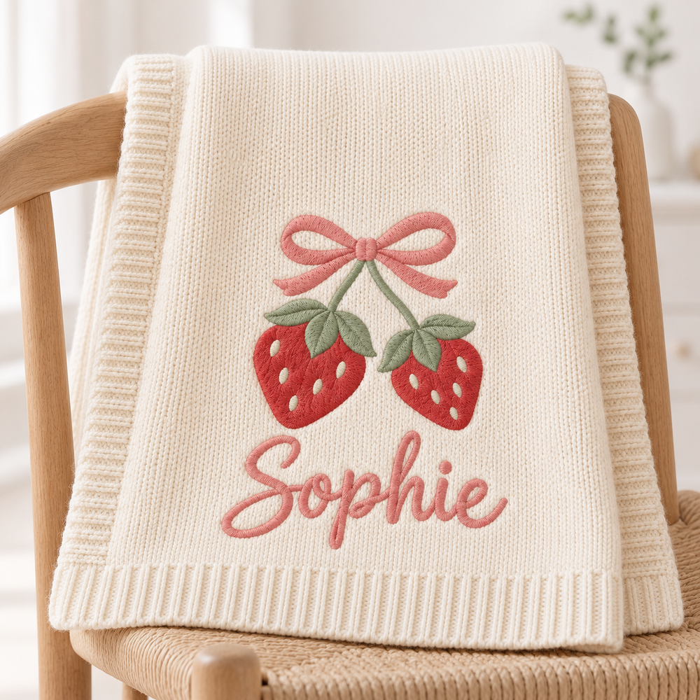 Strawberry & Bow — digital styling preview with an example embroidered name