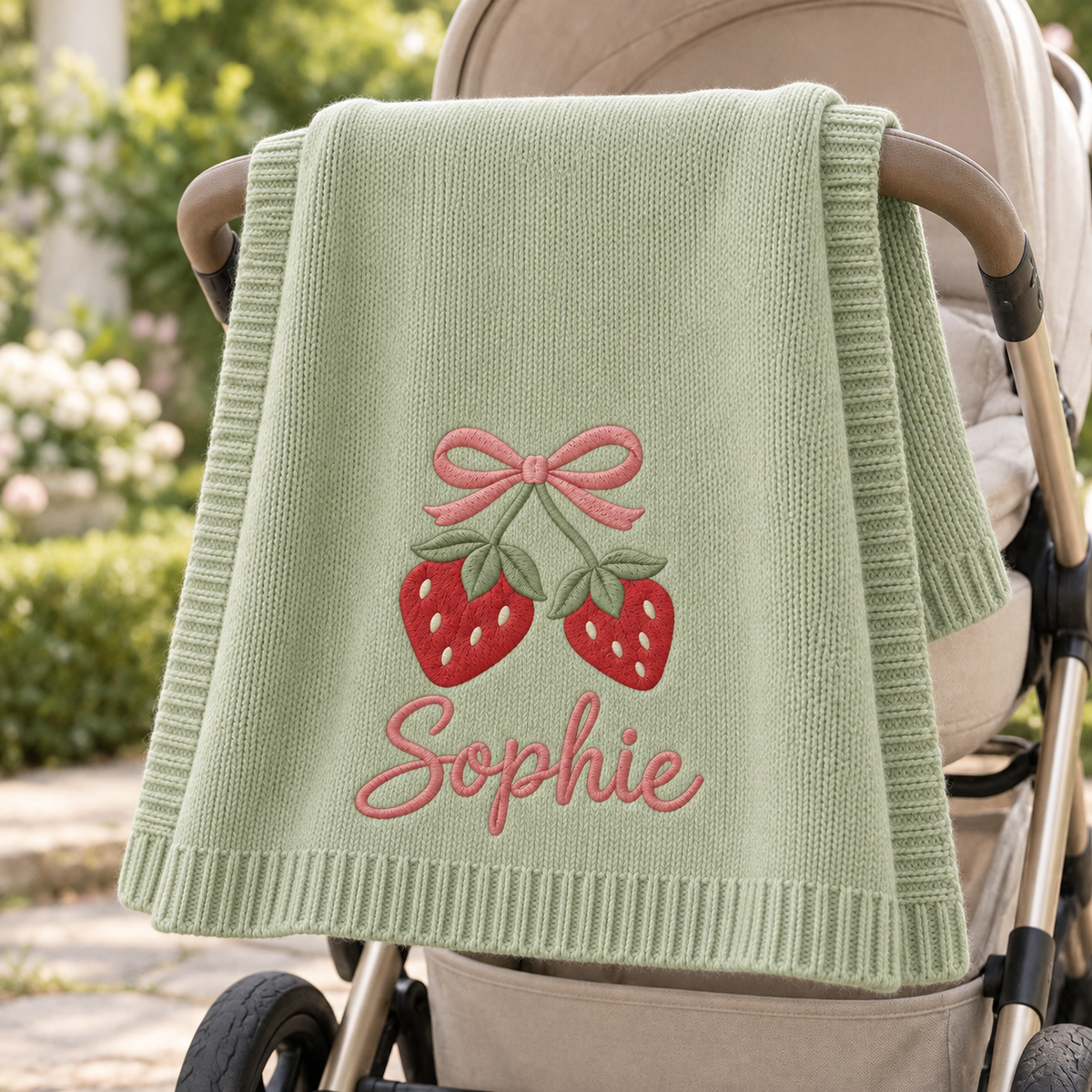 Strawberry & Bow — digital styling preview with an example embroidered name