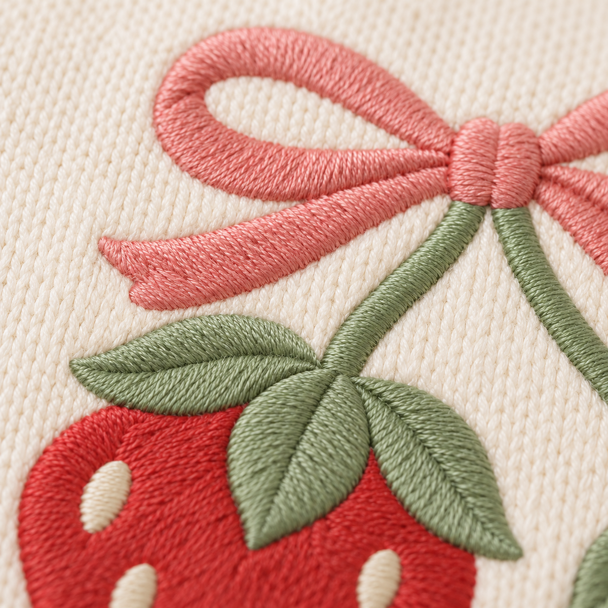 Strawberry & Bow — digital styling preview with an example embroidered name