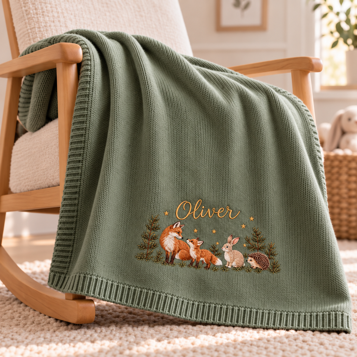 Woodland Friends — digital styling preview with an example embroidered name